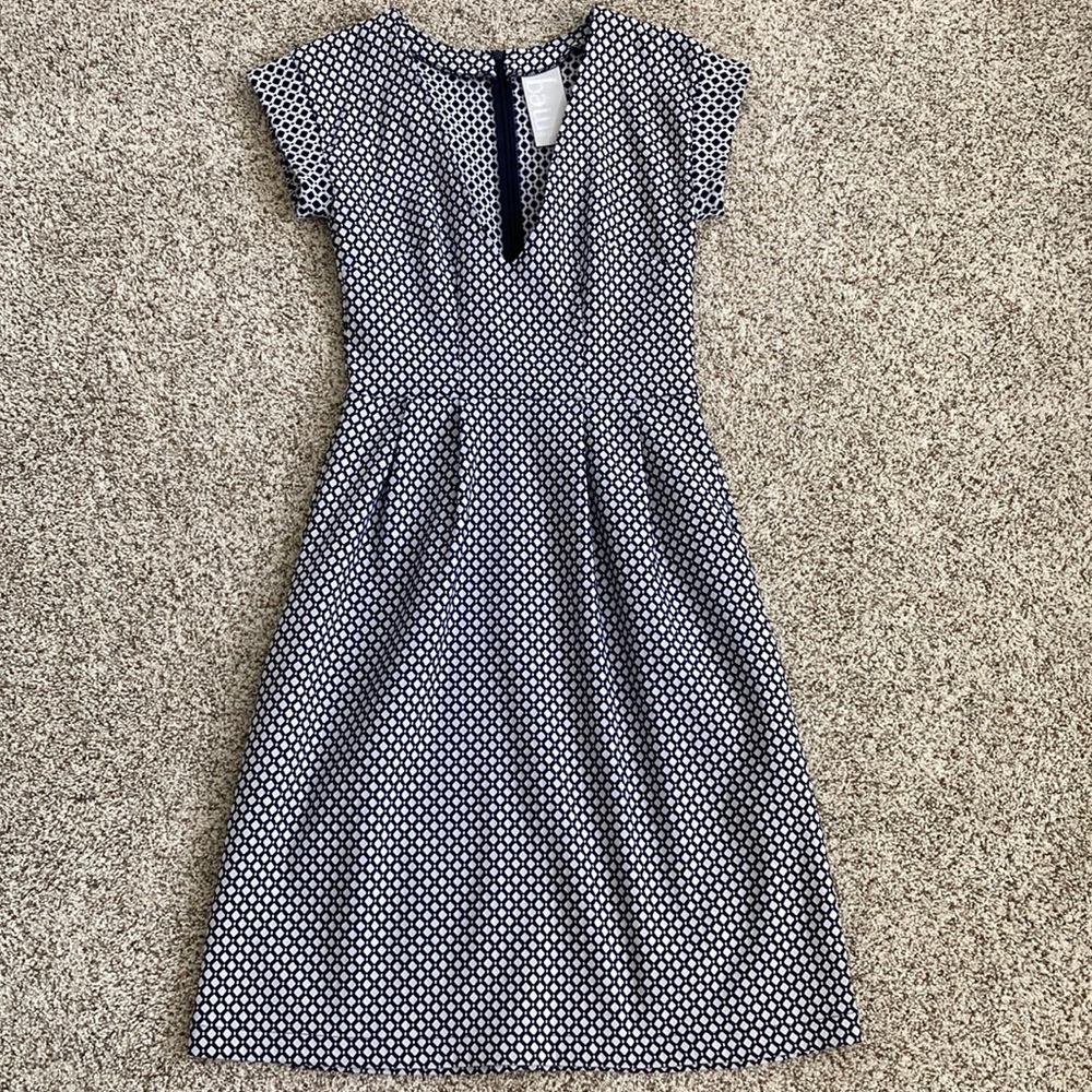 Rare NYC meg shop designer retro navy white fit n flare dress cap sleeve S EUC